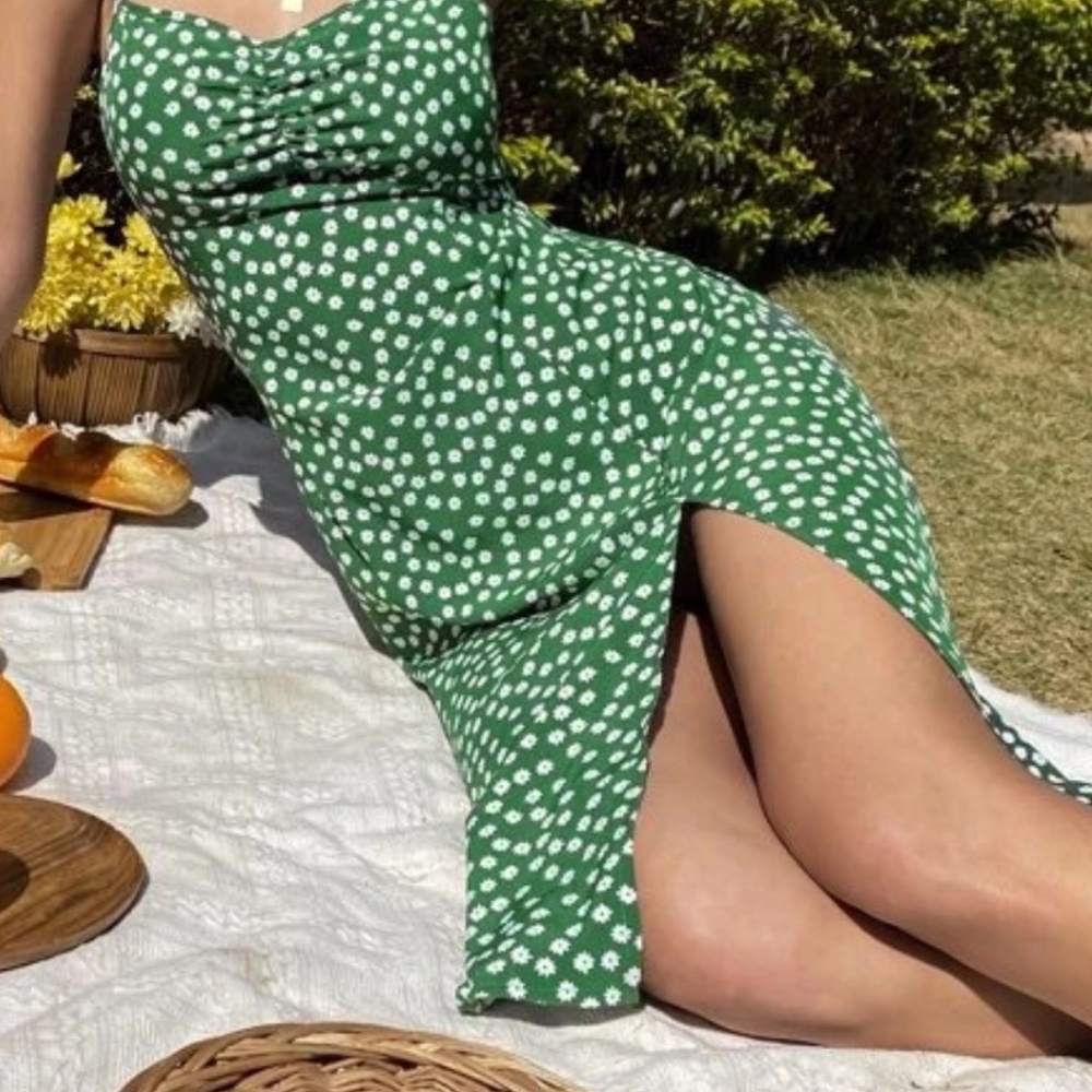 NEW SHEIN Green floral slip dress with spaghetti straps adjustable knee slit
